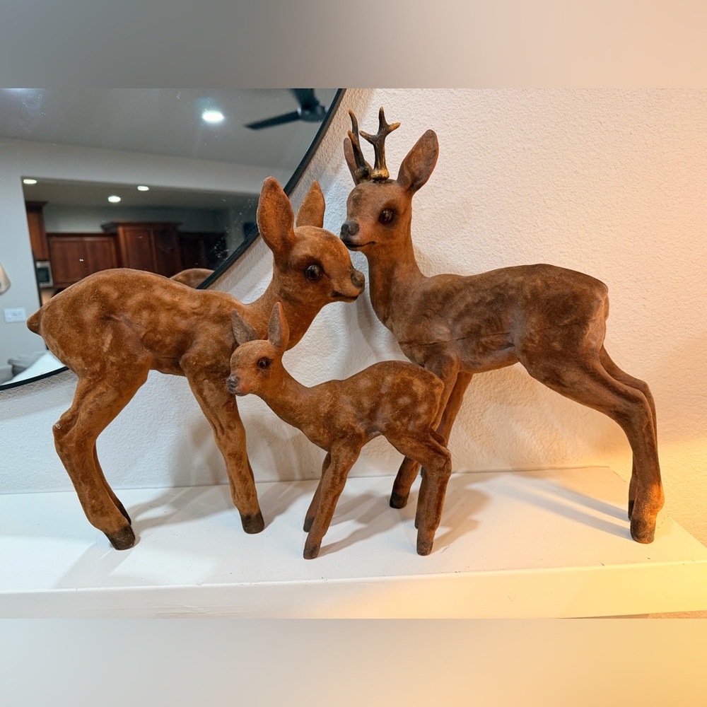 Vintage Heissner Flocked Deer Family Set of 3 Mid Century Christmas Decor